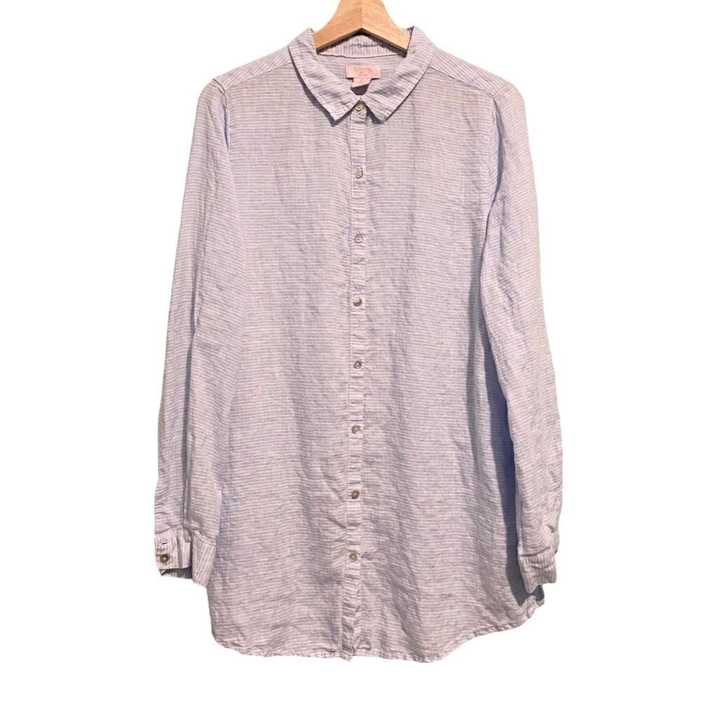 St. Tropez West 100% Linen Blue White Striped Button Down Tunic Shirt Dress in L